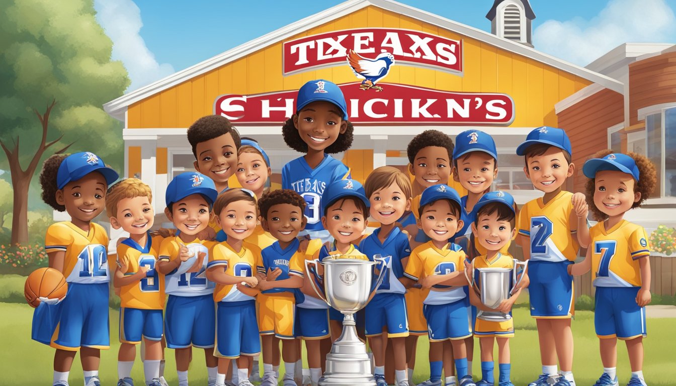 A group of children in colorful sports uniforms gather around a Church's Texas Chicken banner, smiling and holding trophies. The restaurant owner presents a donation check to the team coach