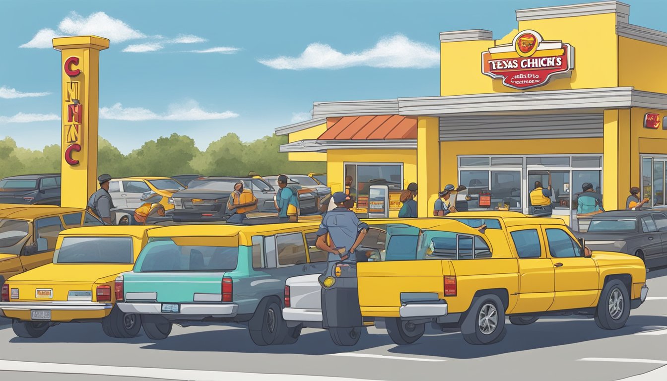 A busy drive-thru at Church's Texas Chicken, with multiple cars smoothly moving through the ordering and pickup process. Staff efficiently taking orders and delivering food