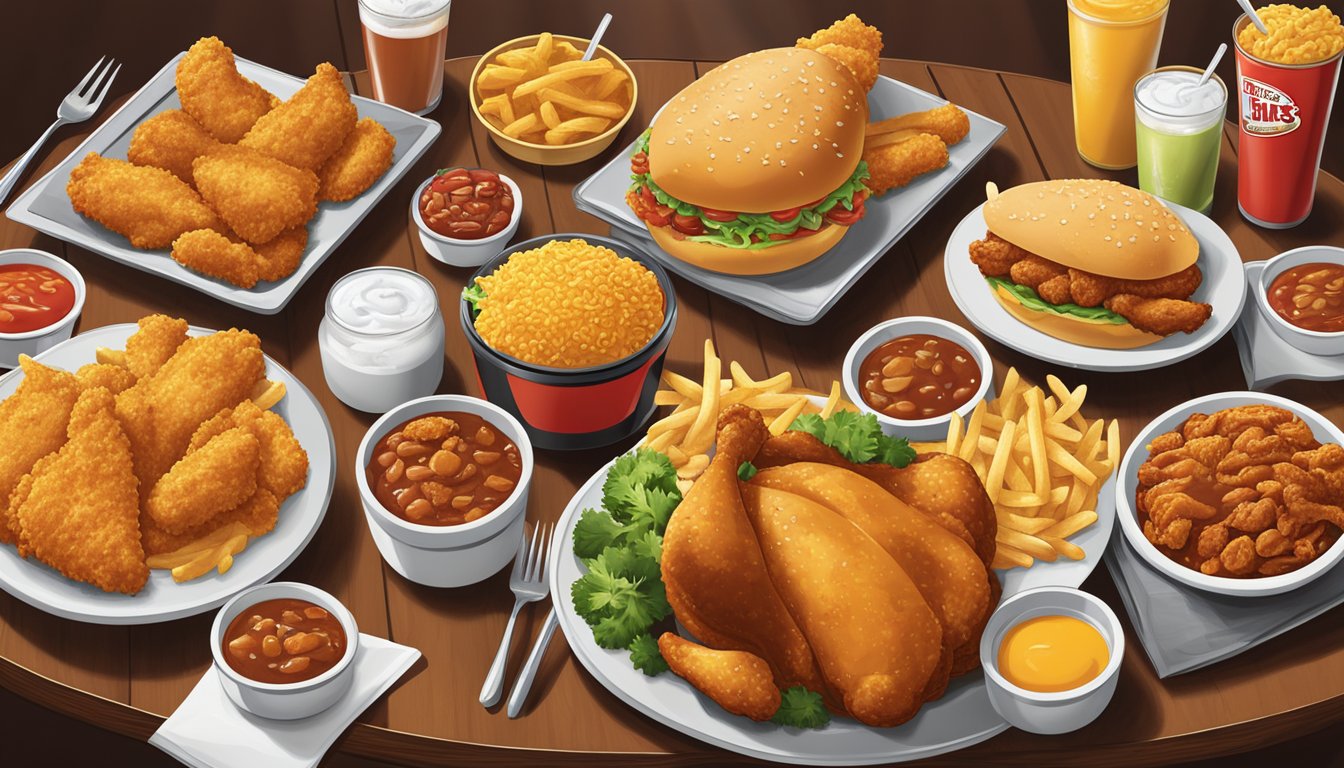 A table with 10 Church's Texas Chicken menu items, featuring a prominent Spicy Chicken dish surrounded by other popular items