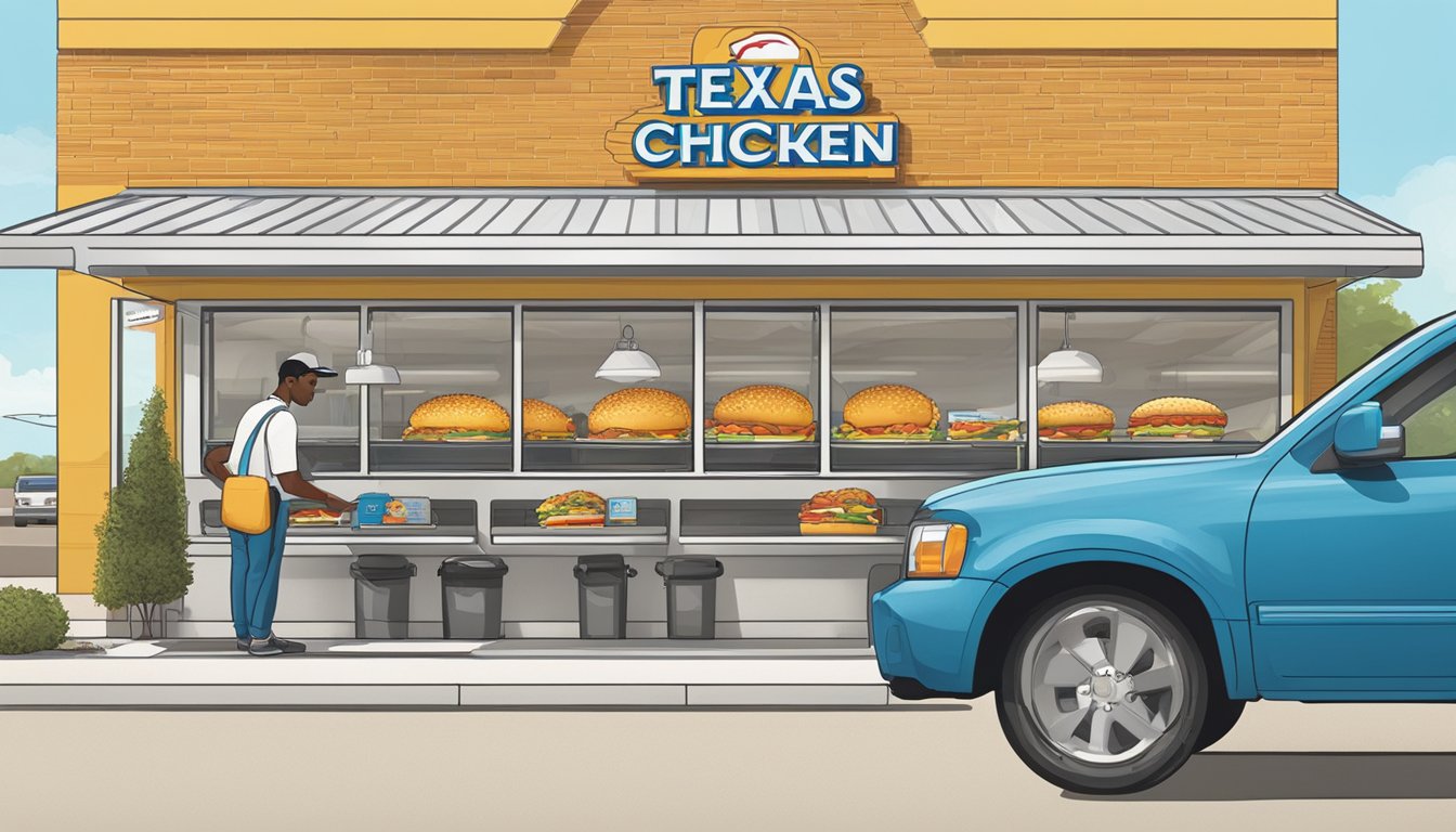 A car smoothly pulls up to the speaker box at the drive-thru, while another car is seen quickly exiting the pick-up window with a bag of food. The streamlined flow of vehicles showcases the efficient ordering process at Church's Texas Chicken