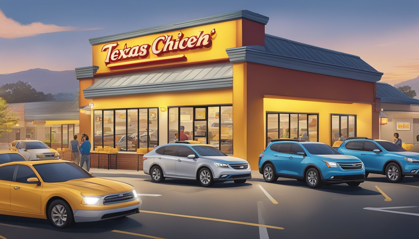 A busy drive-thru at Church's Texas Chicken, with multiple cars moving smoothly through the line. Staff efficiently take orders and deliver food with precision