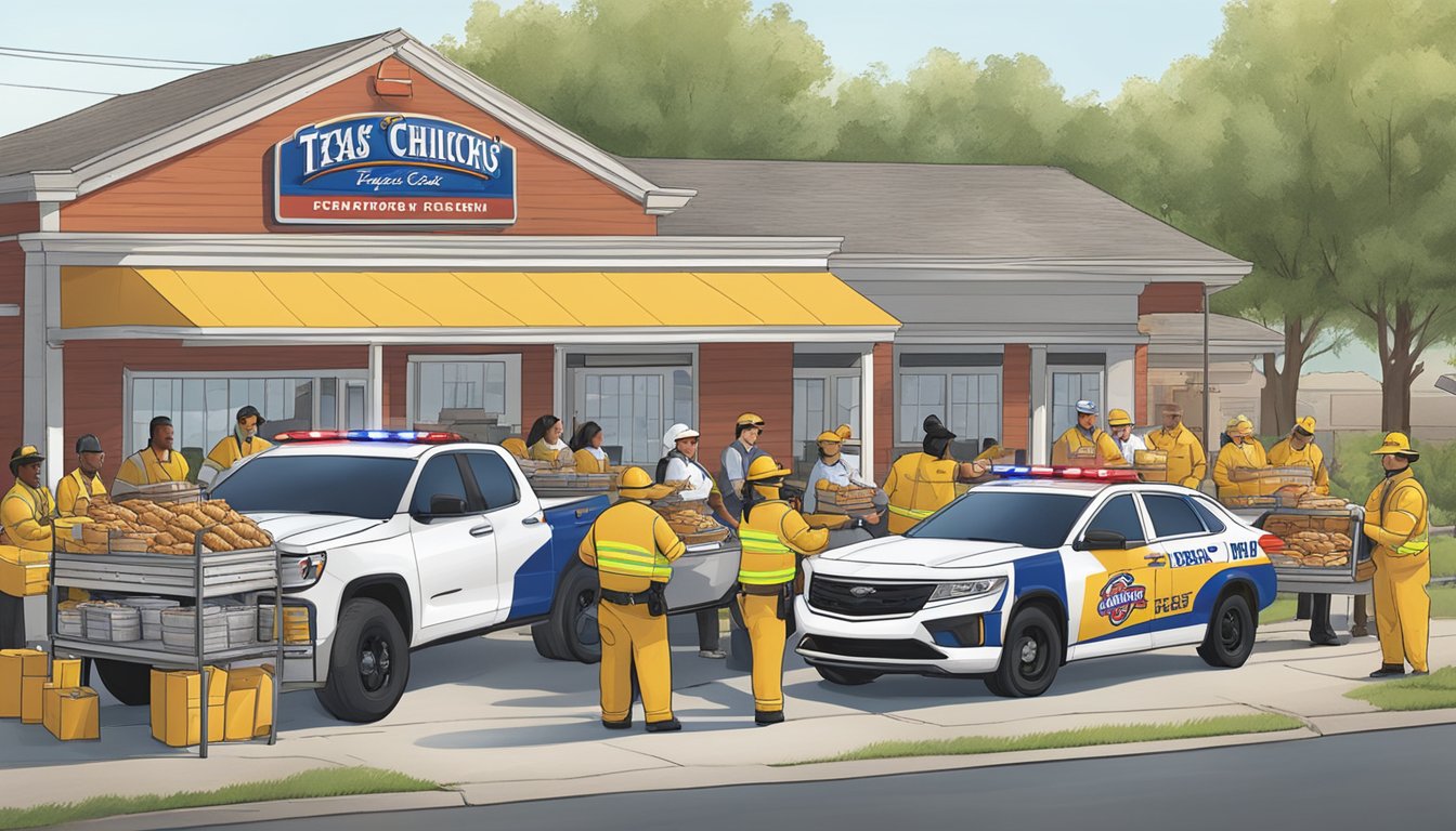 A line of Church's Texas Chicken meals being handed out to first responders in a community setting