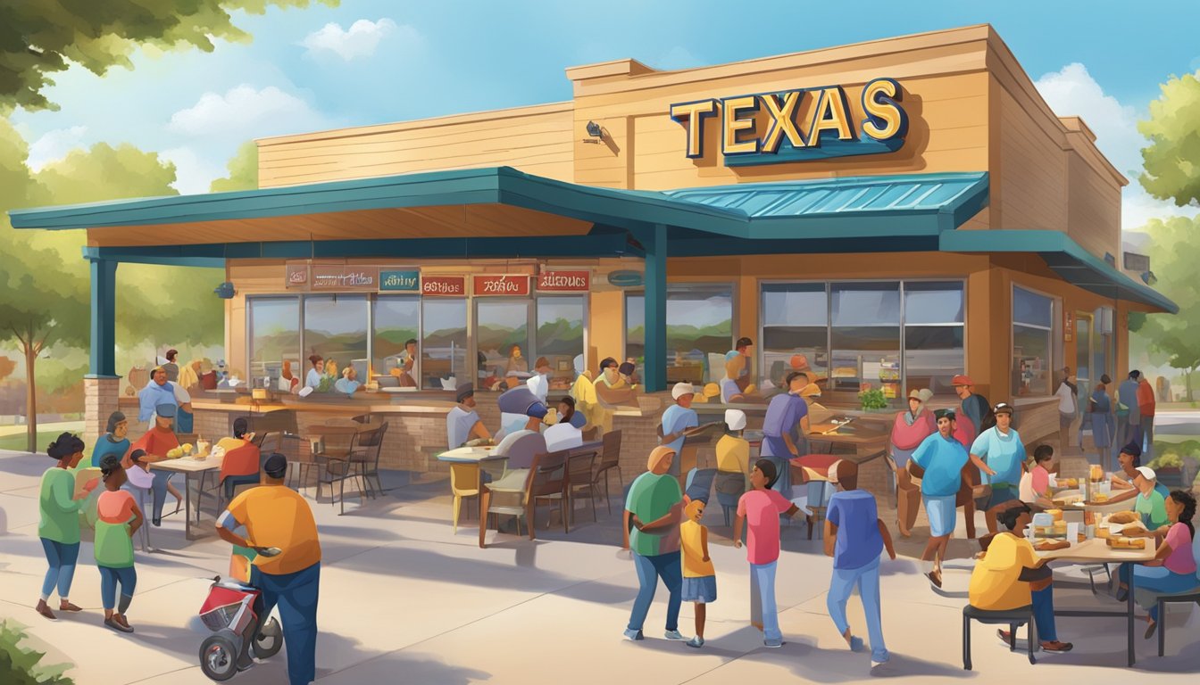 A bustling Texas Chicken restaurant surrounded by a diverse community, with families, seniors, and volunteers enjoying meals and engaging in various activities