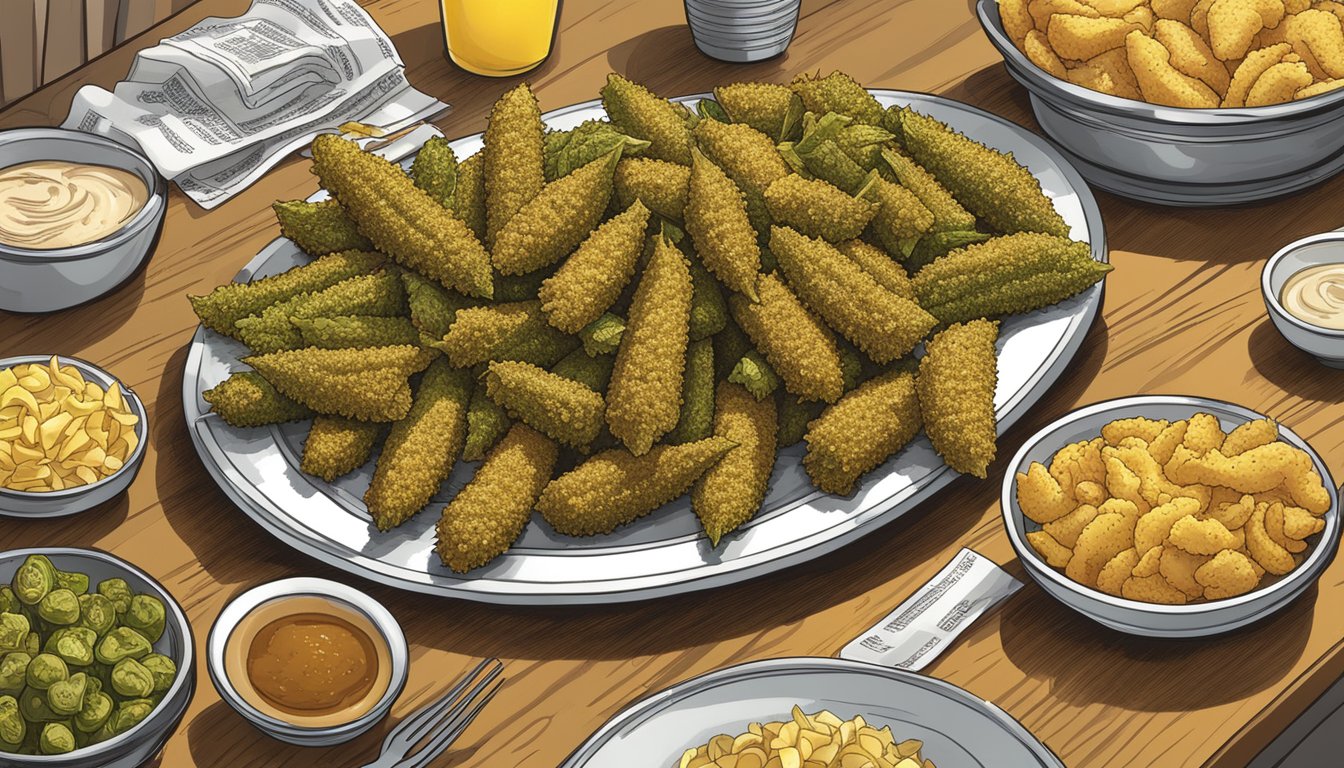 A plate of golden fried okra surrounded by other menu items at a Texas Chicken restaurant