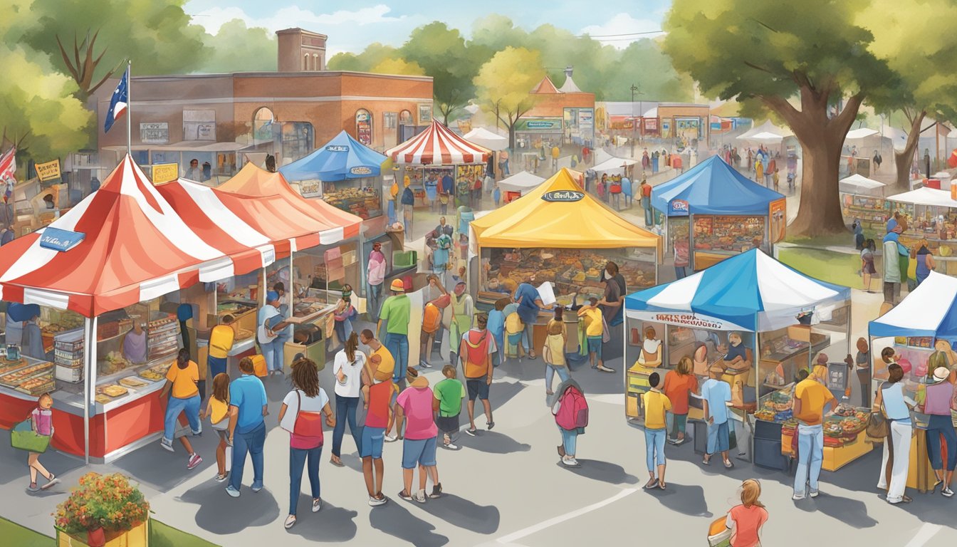 A bustling community fair with Church's Texas Chicken booth surrounded by local organizations' booths. People enjoying food, games, and live music