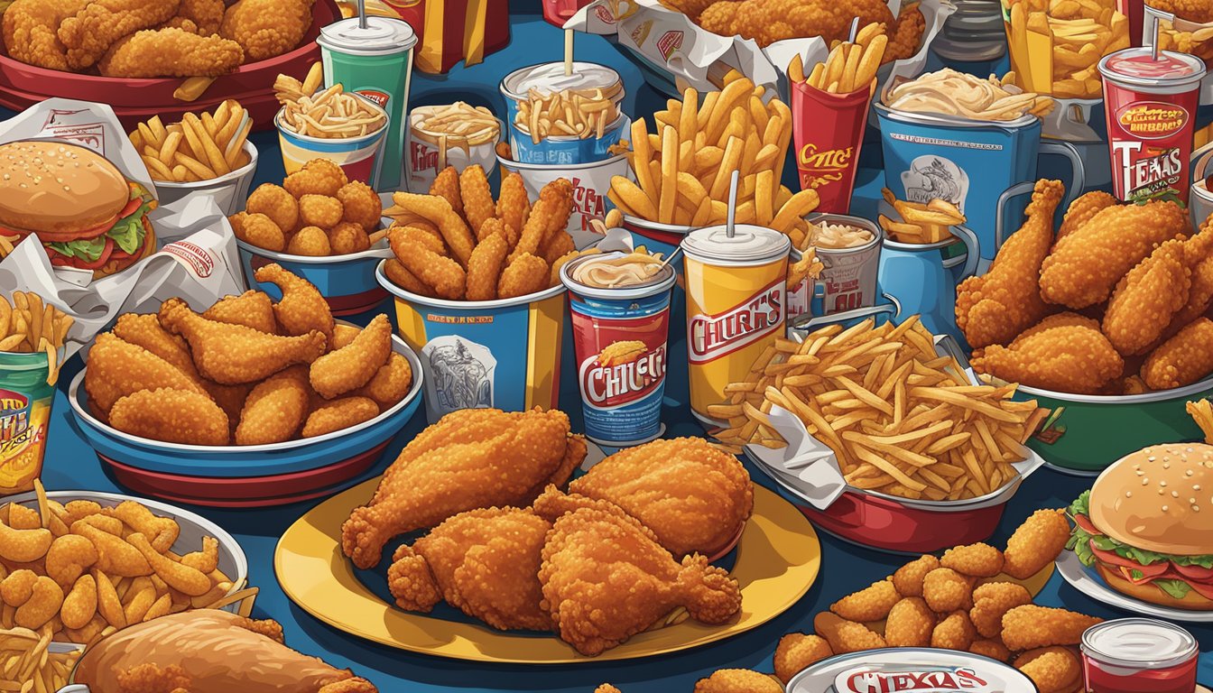 A colorful array of Church's Texas Chicken slogans displayed on vintage signs and posters, surrounded by images of juicy, mouthwatering fried chicken