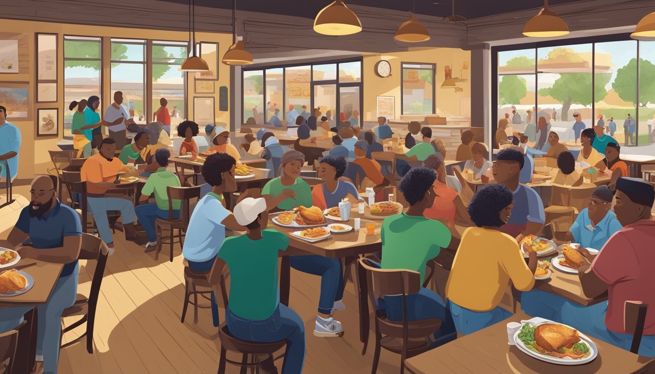 A bustling Texas Chicken restaurant surrounded by diverse community members enjoying meals, with a portion of proceeds going towards local educational initiatives