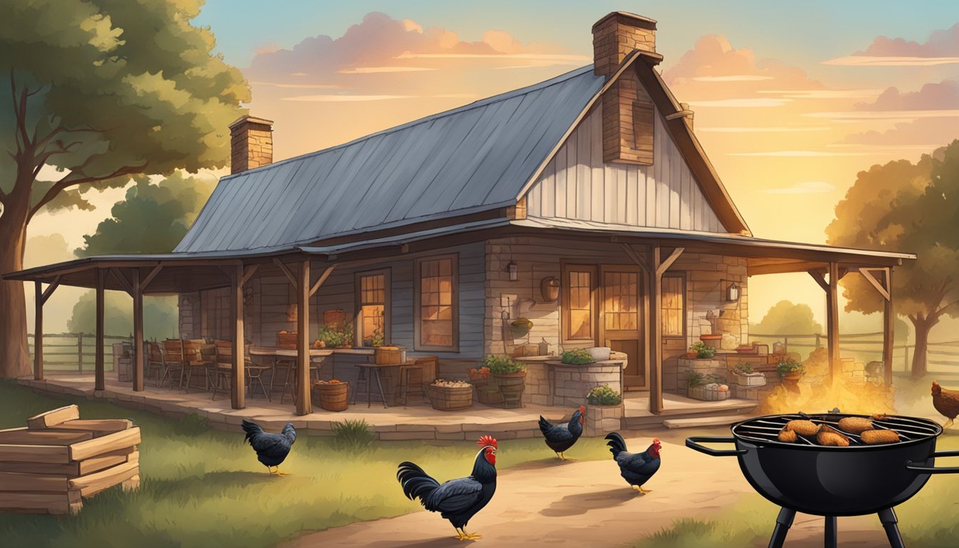 A rustic Texas farmhouse with a large, sizzling grill surrounded by chickens and a banner with the slogan "Bringing That Down Home Flavor."