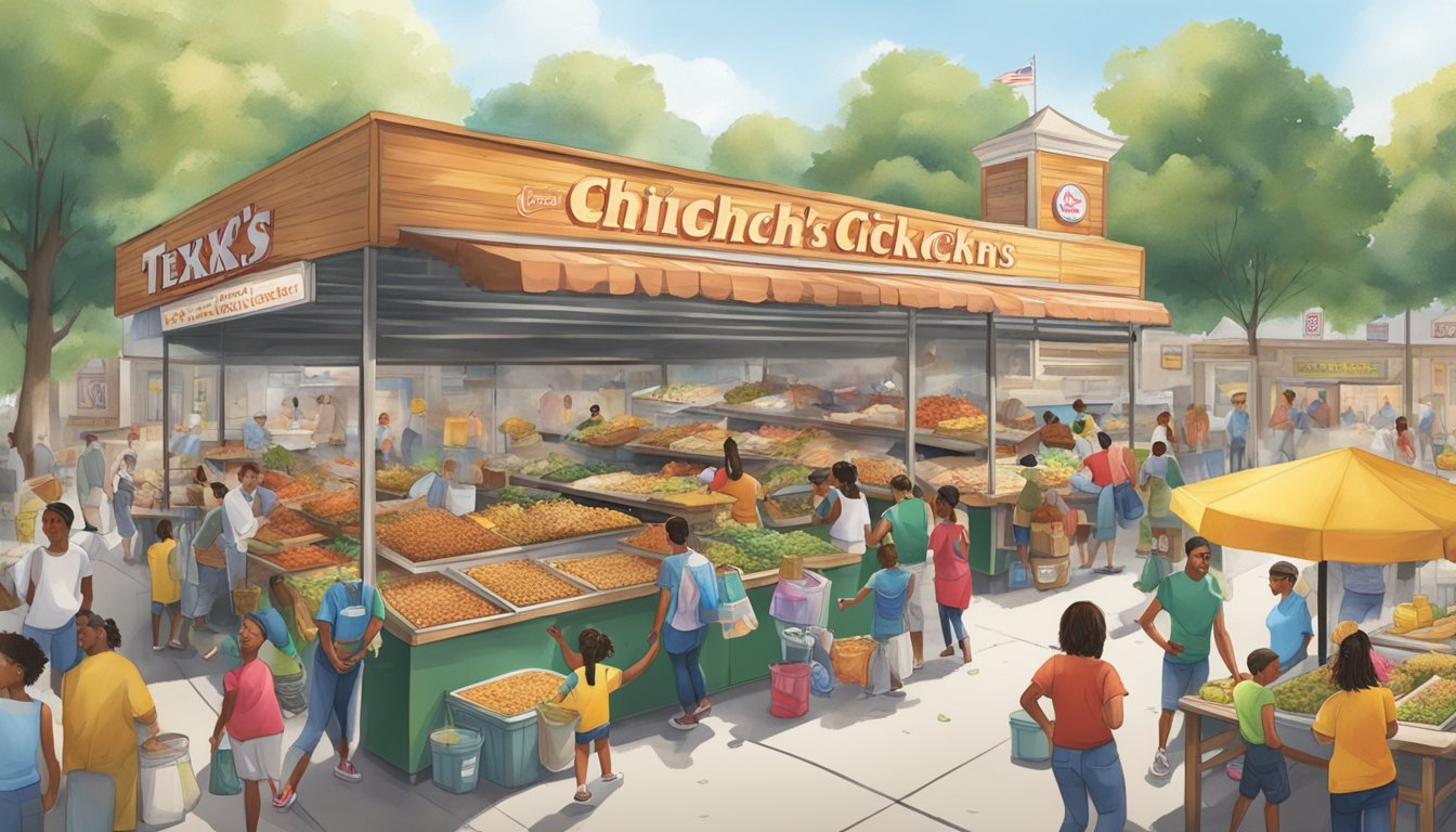 A bustling community market with Church's Texas Chicken booth, surrounded by happy families and volunteers cleaning up the area