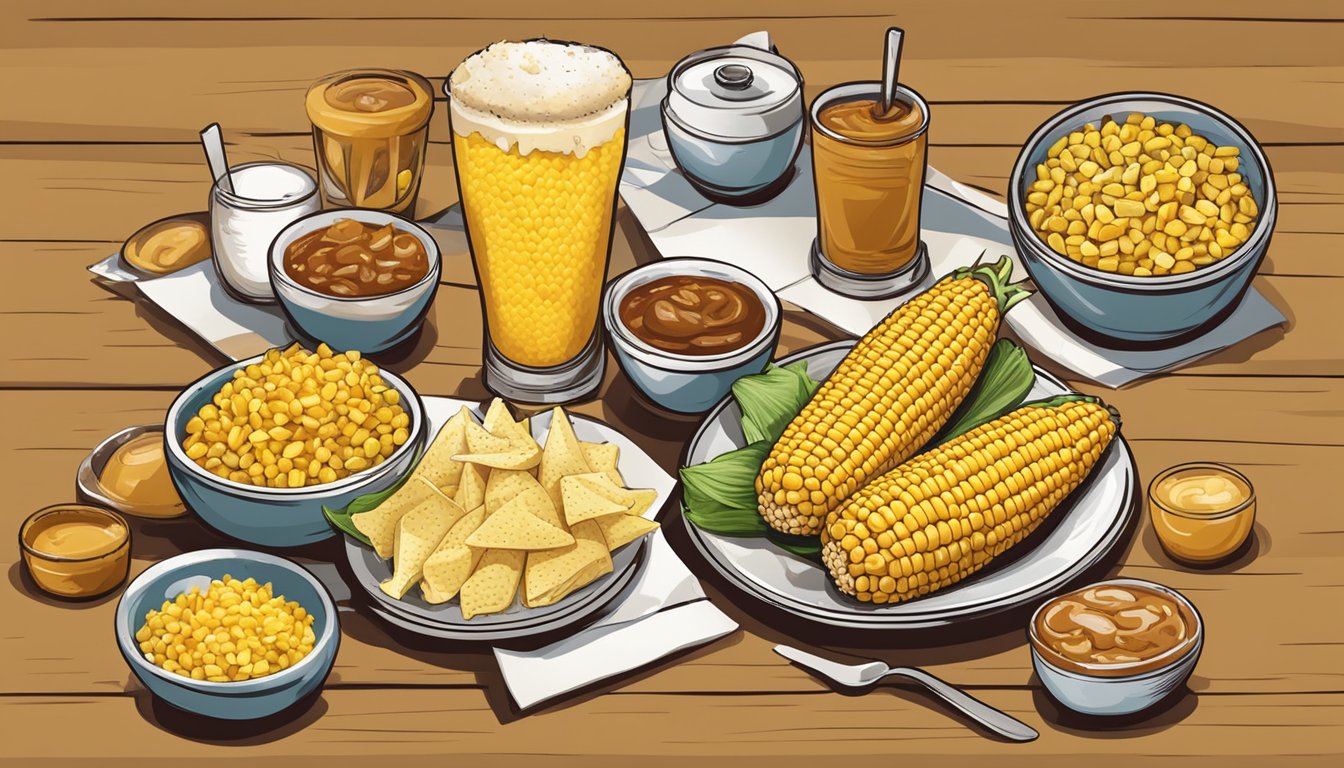 A table with a plate of corn on the cob surrounded by various Texas Chicken menu items