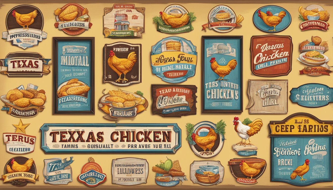 A vintage Texas chicken restaurant sign with 15 different slogans displayed in a row, surrounded by nostalgic decor