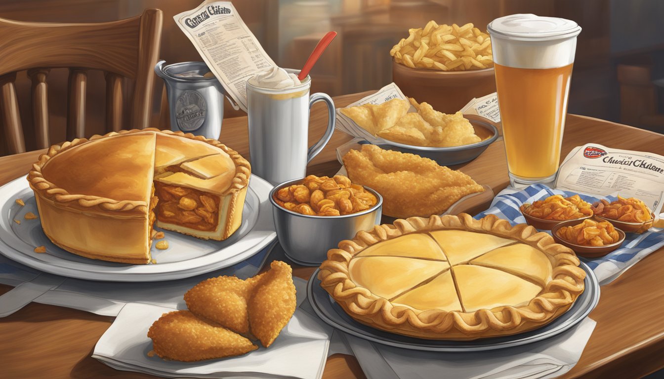 A table with a spread of Church's Texas Chicken menu items, with a steaming apple pie prominently displayed in the center