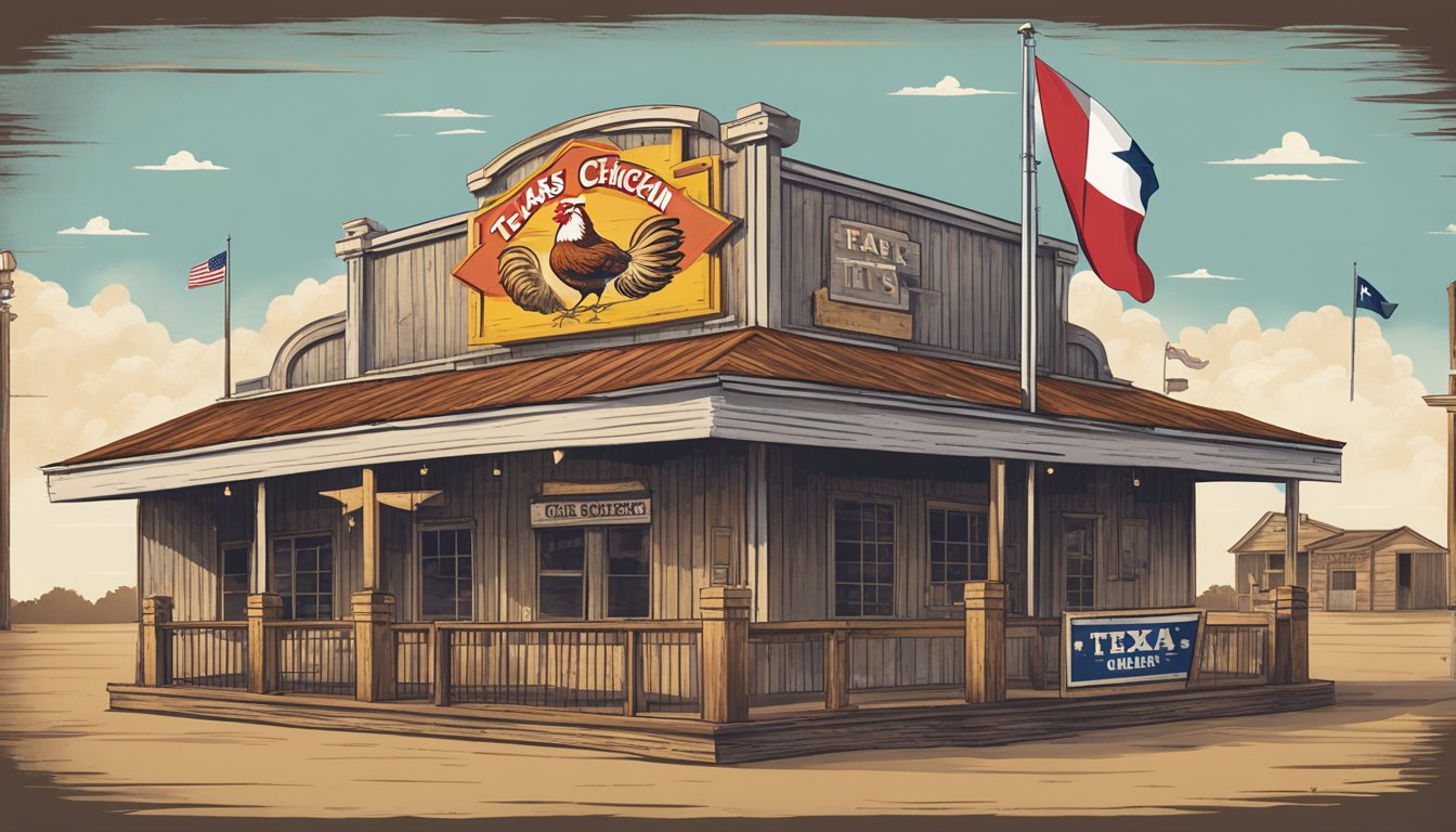 A vintage Texas chicken restaurant sign with 15 different slogans displayed in a row, surrounded by rustic decor and a lone lone star flag