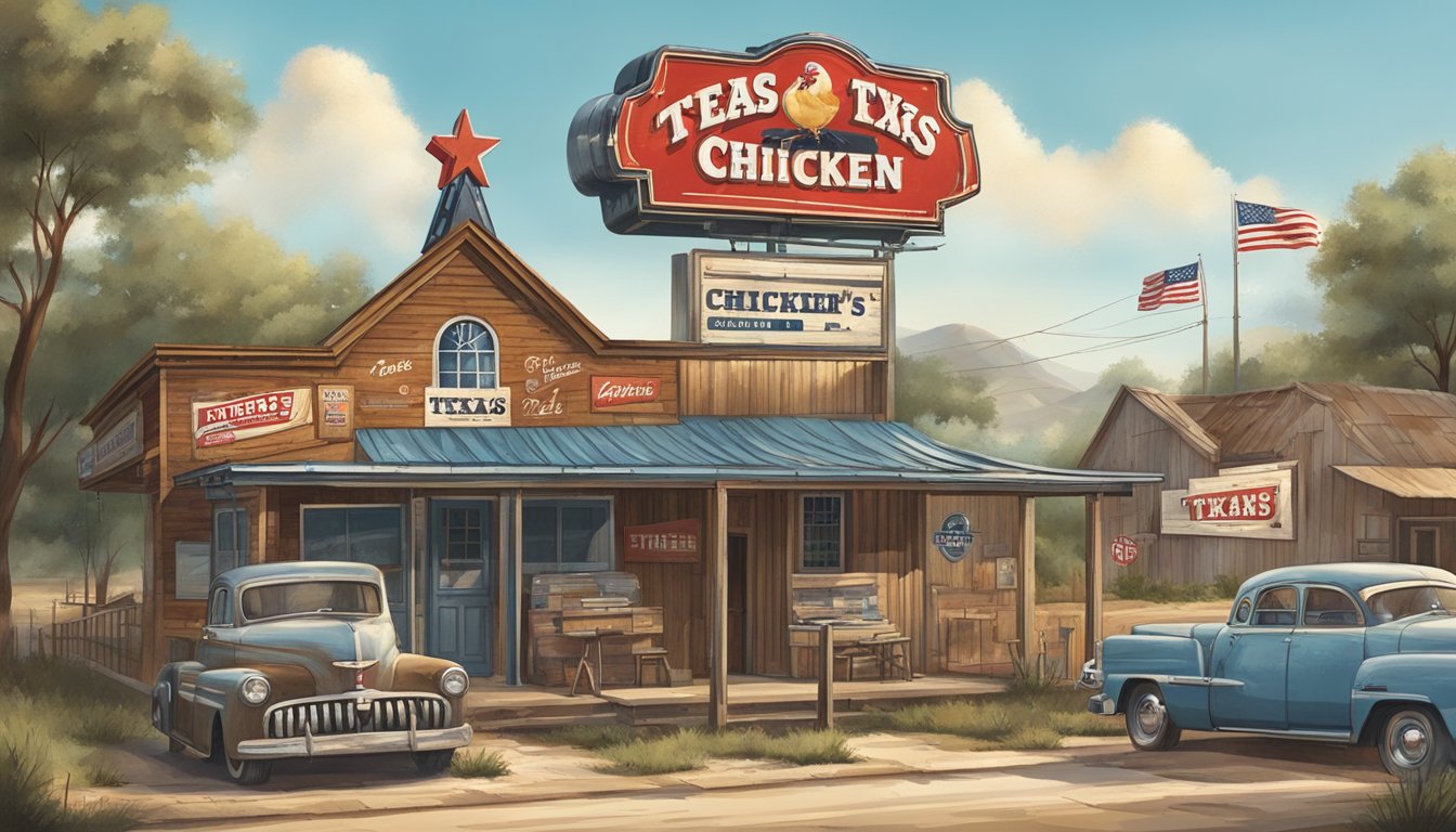 A rustic Texas landscape with a prominent Church's Chicken sign and various vintage slogans displayed on billboards and signs throughout the area