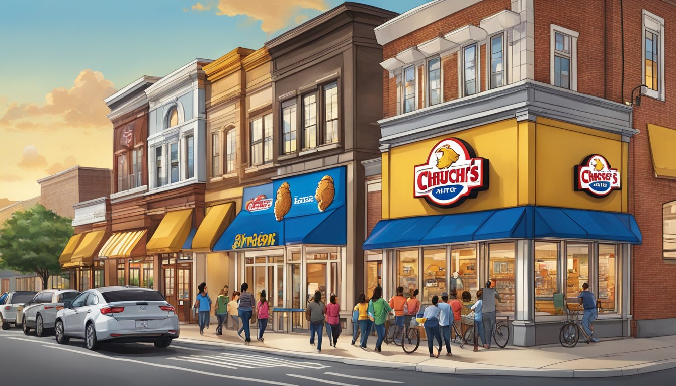 A row of Church's Texas Chicken franchise buildings with the logo prominently displayed, surrounded by bustling city streets and happy customers