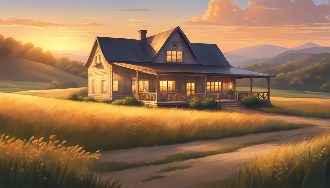 A rustic farmhouse with a welcoming porch, surrounded by rolling hills and fields of tall grass. A warm, golden sunset bathes the scene in a soft glow