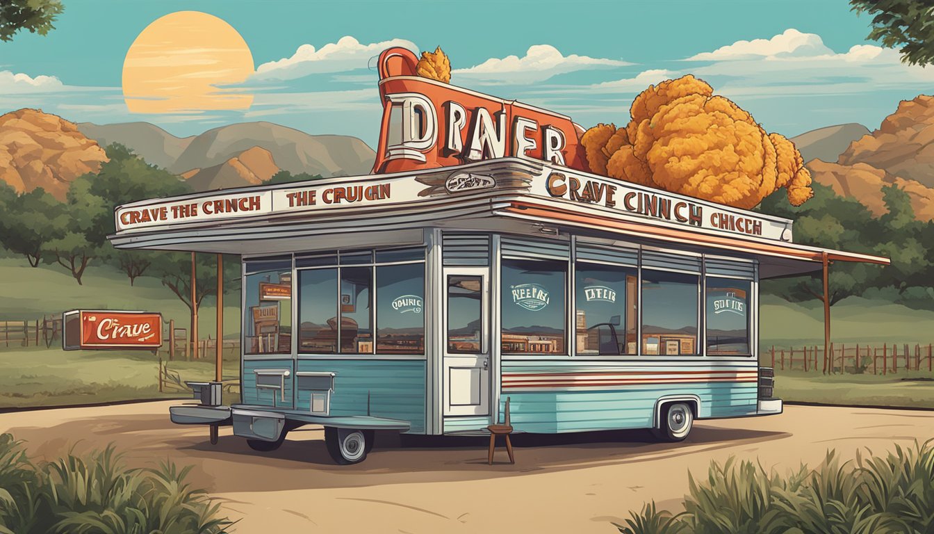 A vintage diner sign with bold lettering "Crave The Crunch" surrounded by images of fried chicken and Texas landscapes