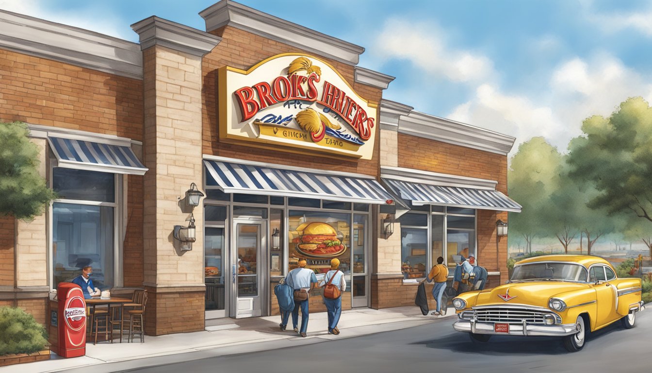 A bustling Texas Chicken franchise location with the iconic Brooks Brothers logo prominently displayed