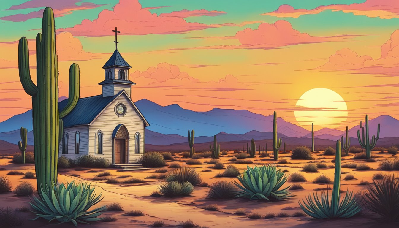 A vintage Texan landscape with a lone church in the distance, surrounded by cacti and tumbleweeds under a vibrant sunset sky