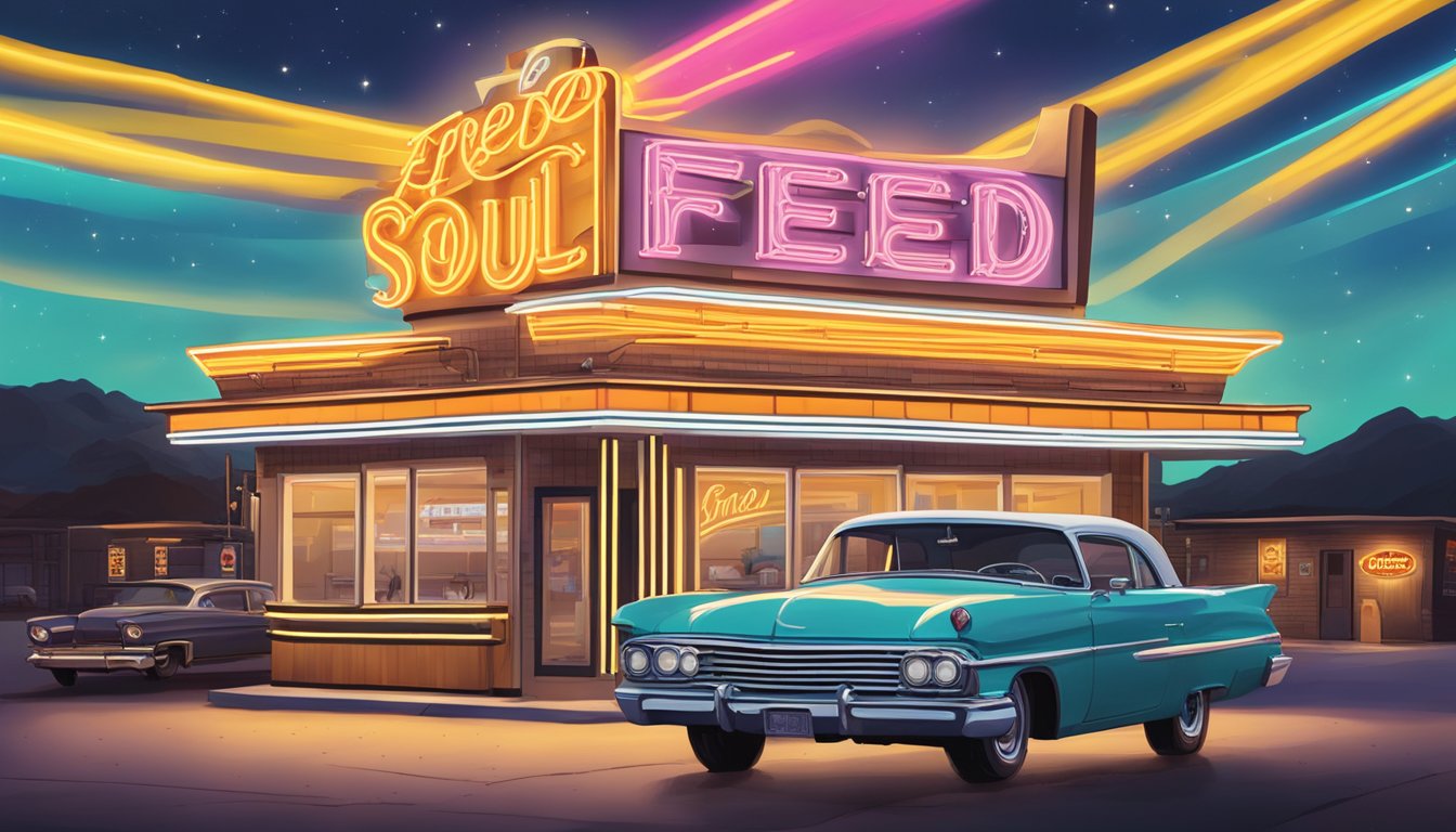 A vintage-style diner with a neon sign reading "Feed The Soul" surrounded by various iterations of Church's Texas Chicken slogans