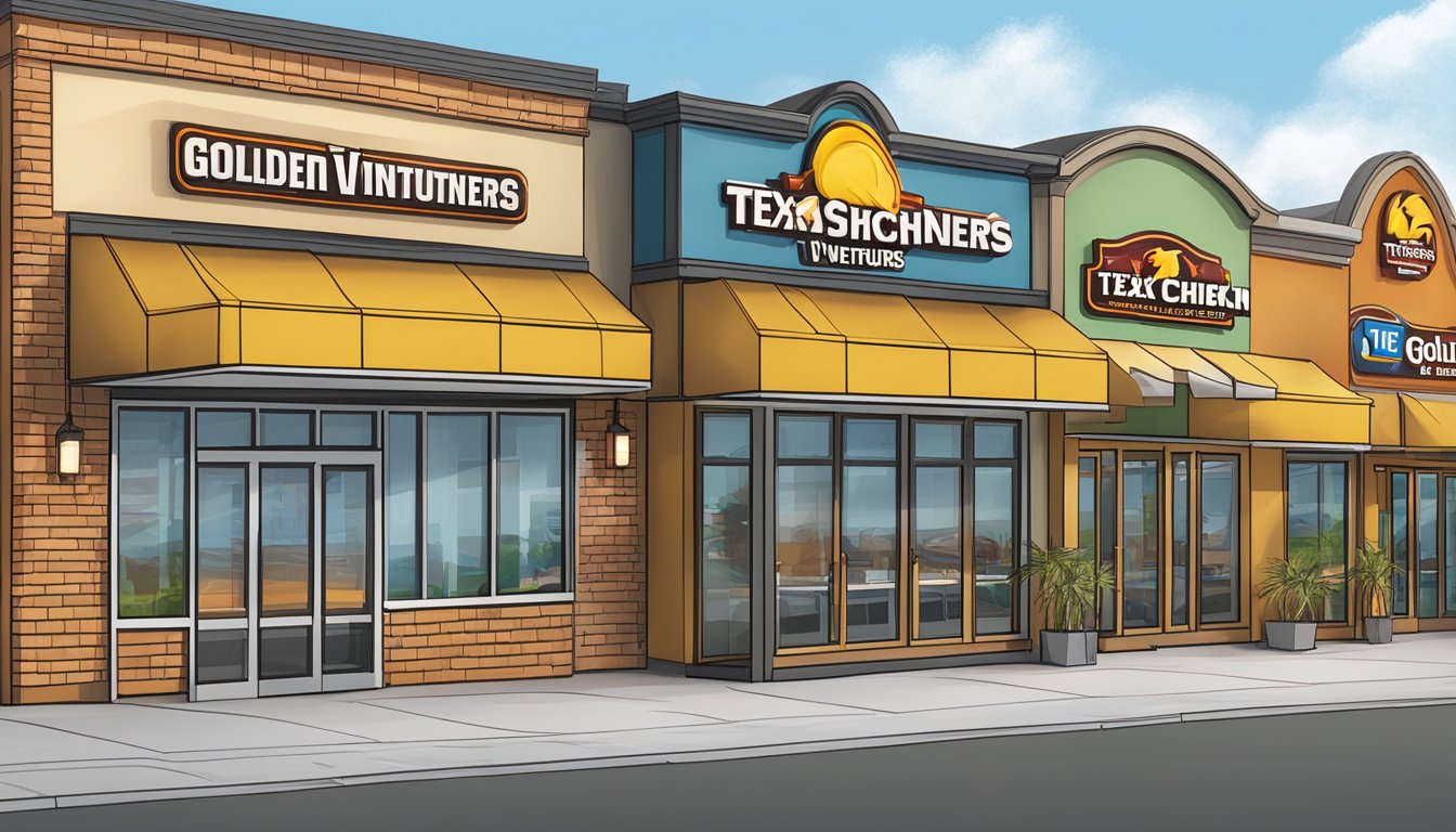 A row of 12 Texas Chicken franchise storefronts with the Golden Wing Ventures logo prominently displayed above each entrance