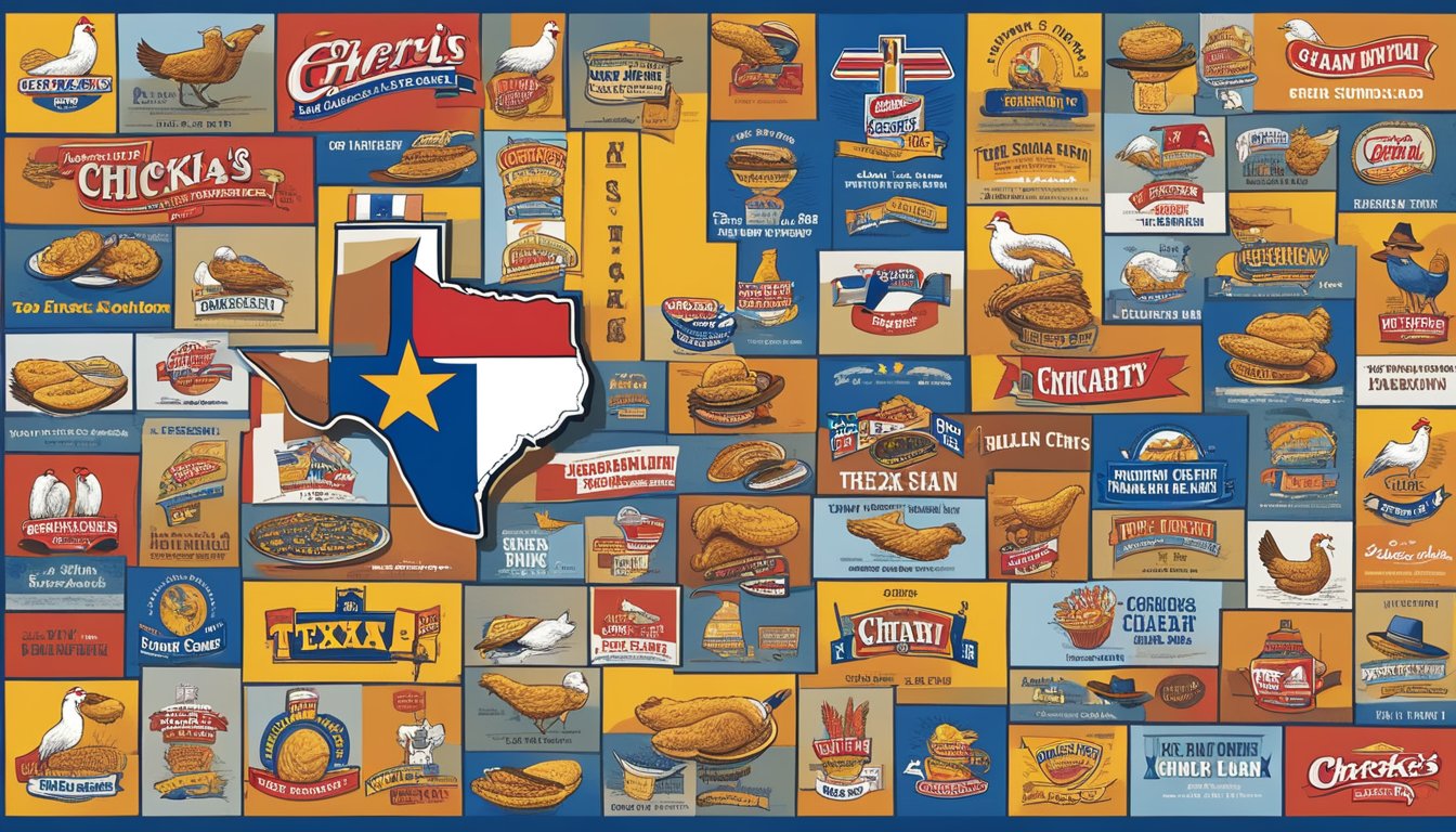 A colorful array of Church's Texas Chicken slogans displayed in a timeline, surrounded by iconic Texan imagery like cowboy hats, boots, and the Lone Star flag