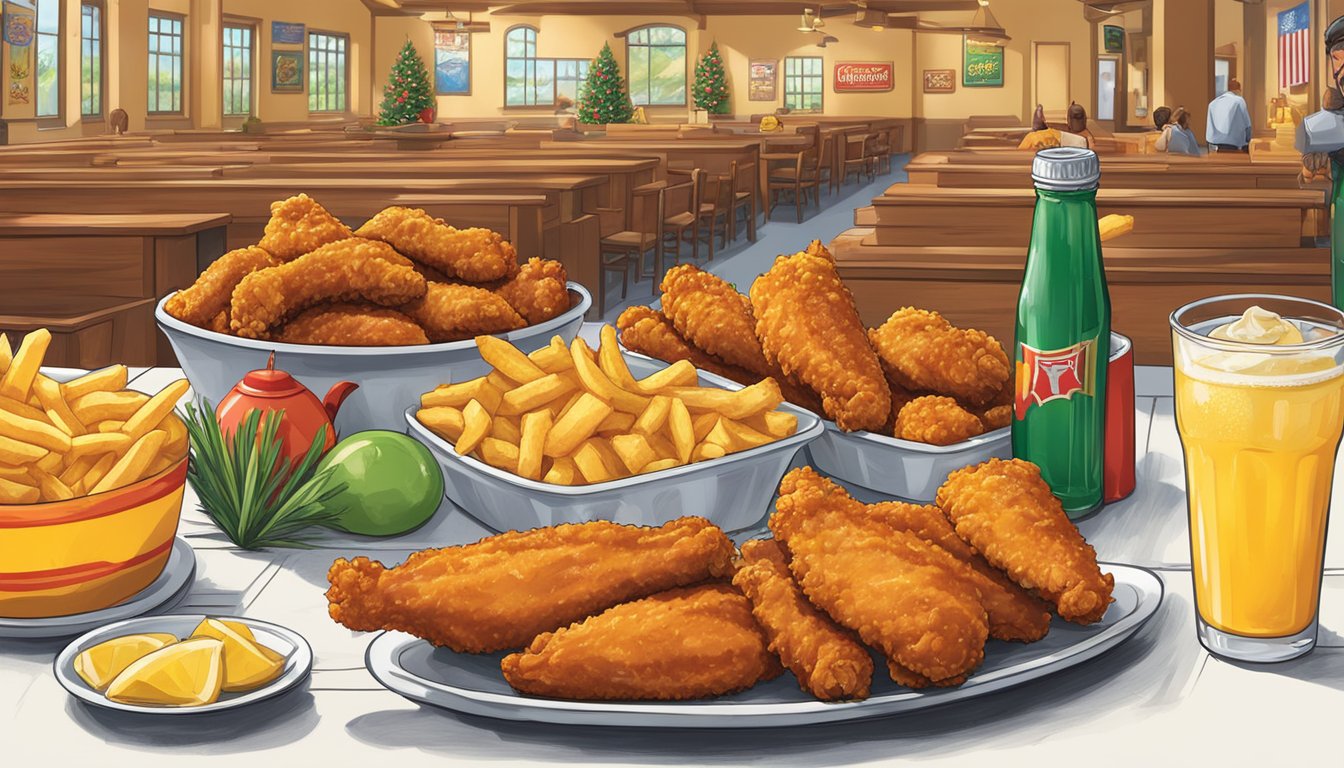 A table set with a tray of Texas tenders, sides, and a drink at a Church's Texas Chicken restaurant, surrounded by seasonal decorations