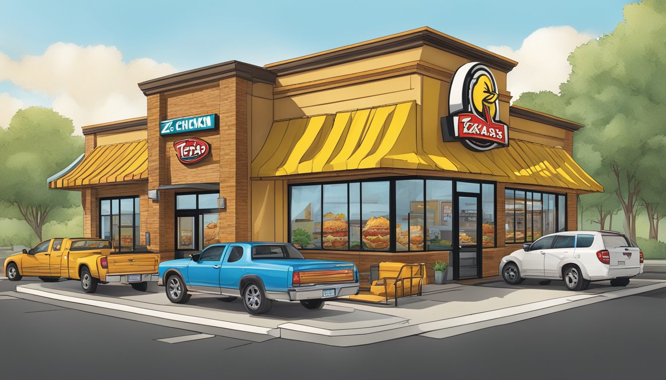 A bustling Texas Chicken franchise, with 12 locations thriving under the Zesty Zeal brand. Vibrant signage and busy drive-thru lanes