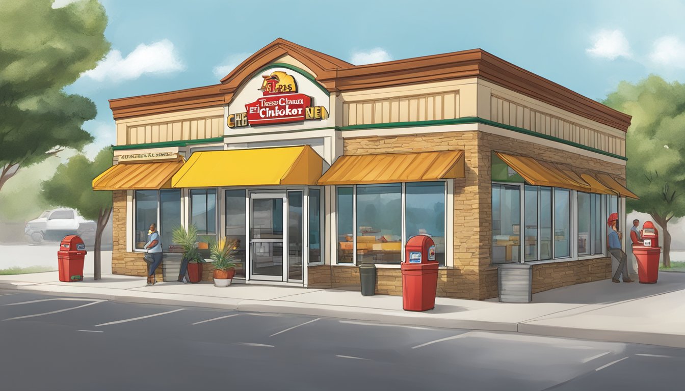 A row of 12 Texas Chicken franchise locations under the Sunshine Flavor Corporation, each with its own unique storefront and bustling with customers