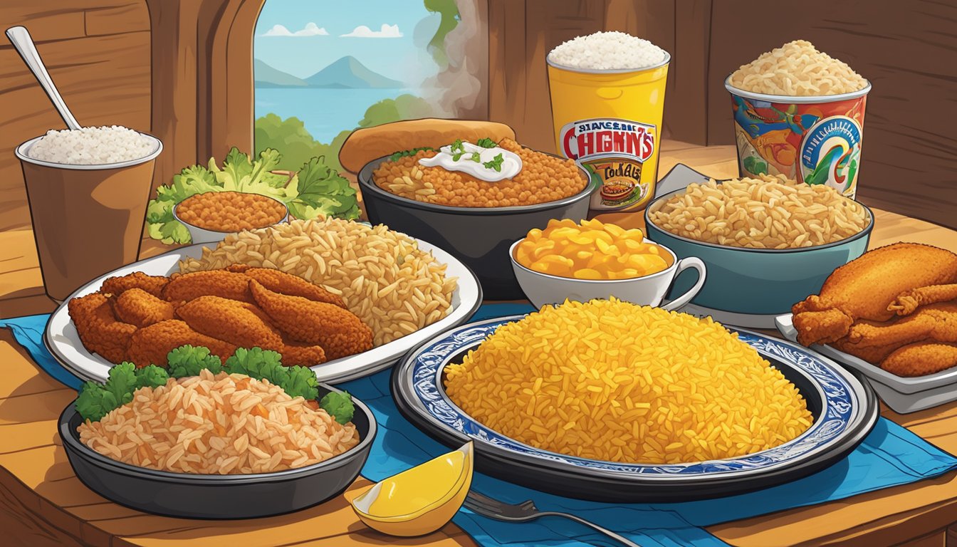 A steaming plate of Cajun rice surrounded by 7 seasonal specials at Church's Texas Chicken, with vibrant colors and enticing presentation