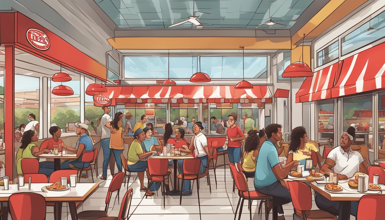 A bustling Texas Chicken restaurant with the iconic red and white branding, surrounded by happy customers enjoying their meals