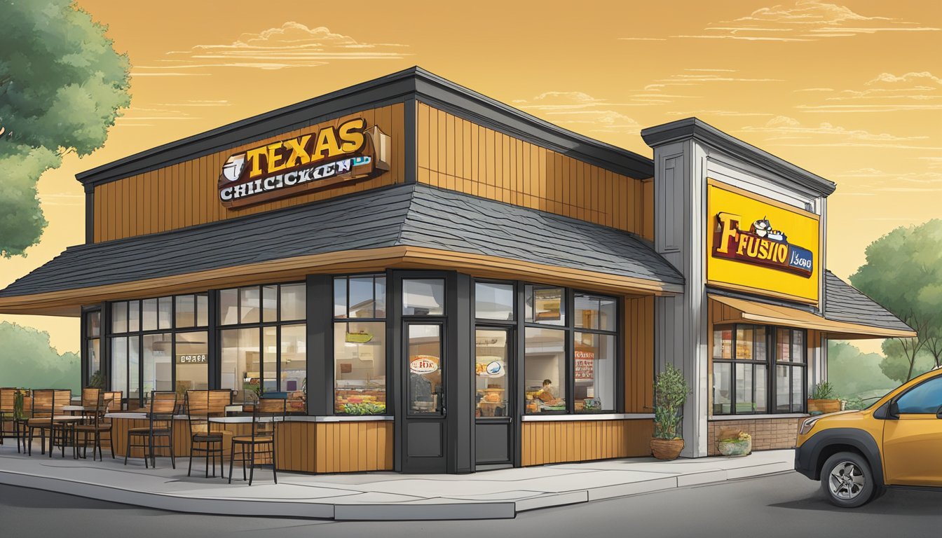 A bustling Texas Chicken restaurant with the Flavor Fusion Holdings logo prominently displayed, surrounded by 12 successful franchise locations