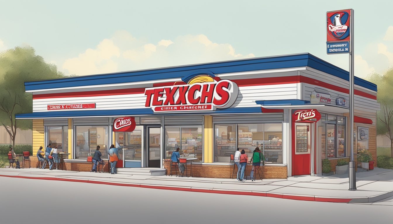 A row of 12 Church's Texas Chicken franchise locations, bustling with customers and staff, with the iconic red and white signage visible from a distance