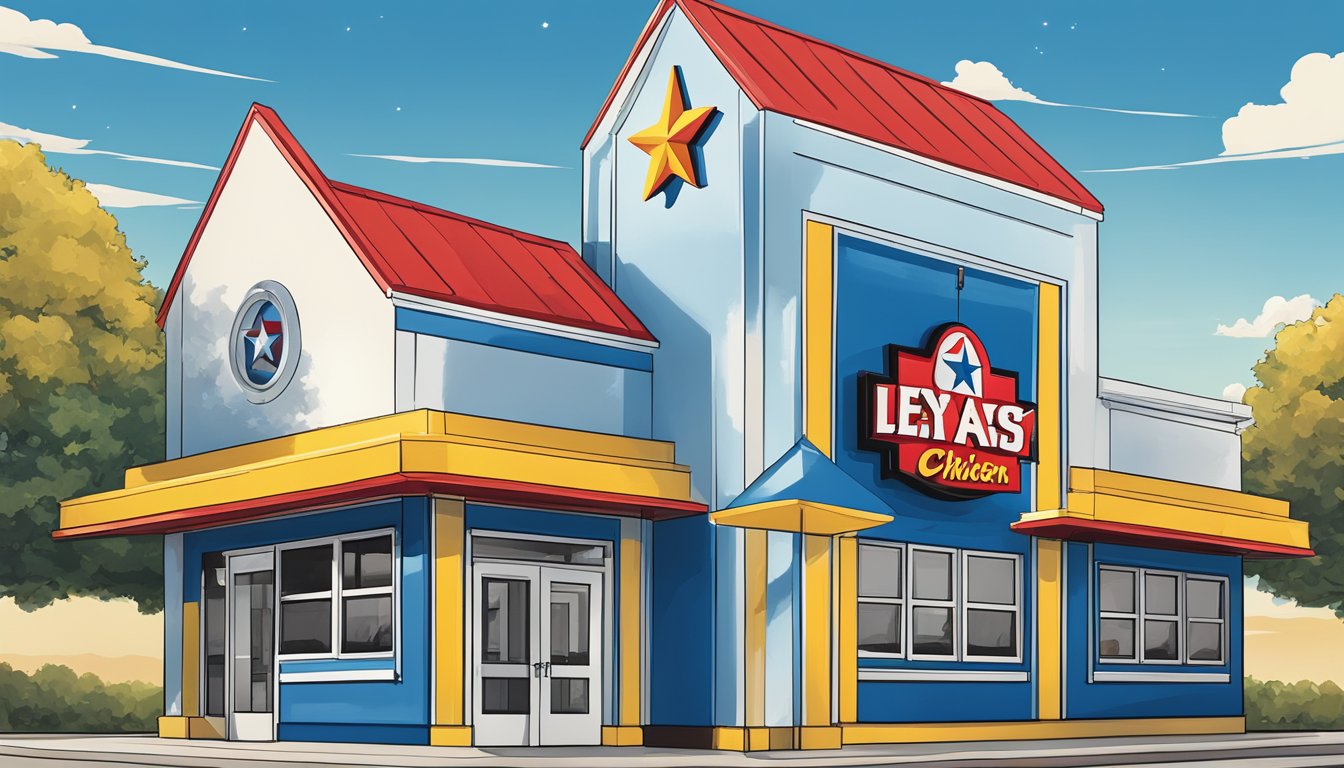 A lone lone star flag waving proudly above a Church's Texas Chicken restaurant, with a bold and vibrant color scheme