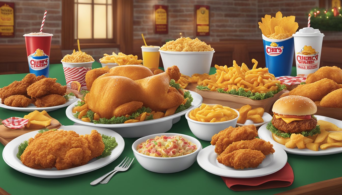 A colorful display of seasonal specials at Church's Texas Chicken, featuring seven mouthwatering dishes surrounded by festive decorations