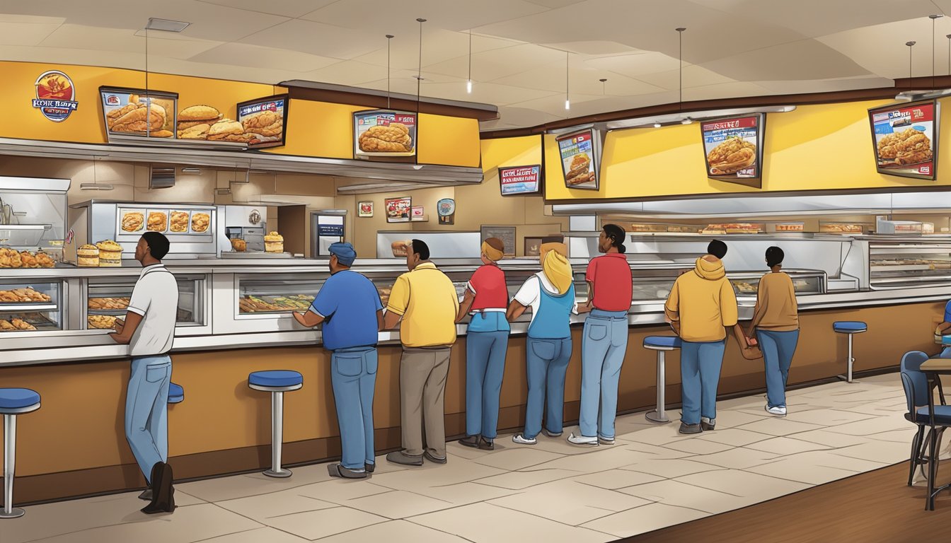 A bustling Church's Texas Chicken restaurant with a line of satisfied customers out the door, franchisees working efficiently behind the counter, and the iconic Church's logo prominently displayed