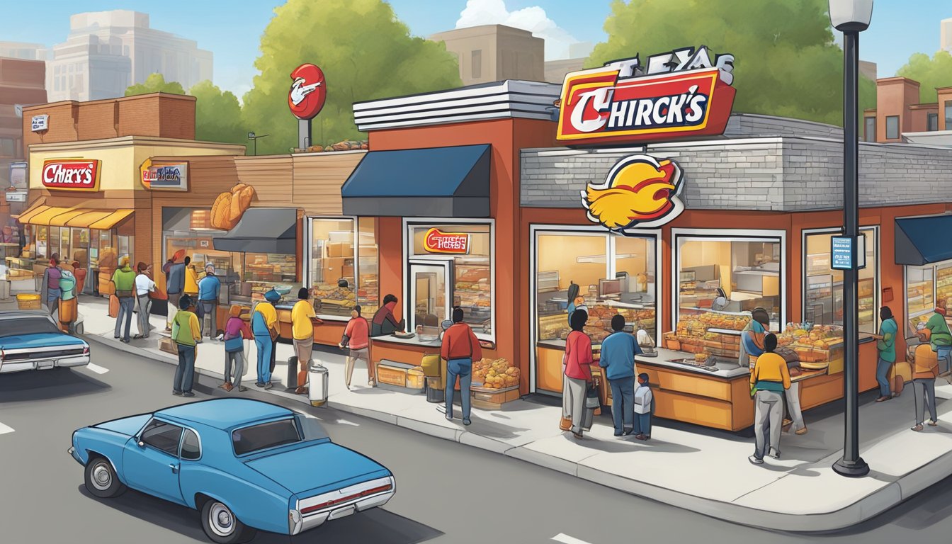 A bustling city street with 12 Church's Texas Chicken franchise locations, each displaying their iconic signage. Customers line up at the counters, while delivery trucks come and go, symbolizing the success of the franchisees in overcoming challenges