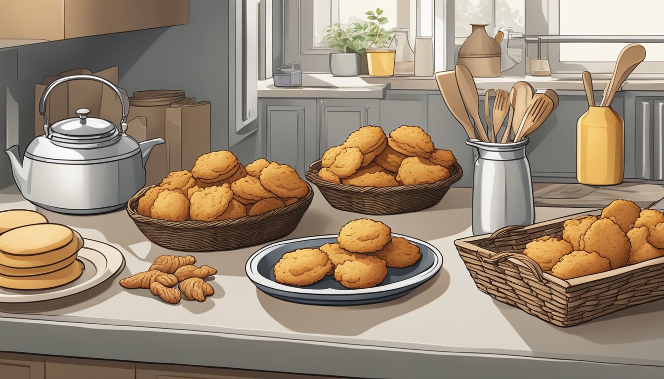 A kitchen scene with a tray of freshly baked biscuits, a basket of fried chicken, and various kitchen utensils on the counter