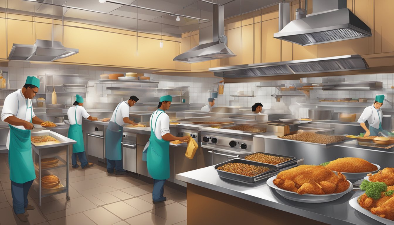 A bustling kitchen with shelves of Cajun spices, fryers sizzling, and staff preparing signature Texas Chicken dishes