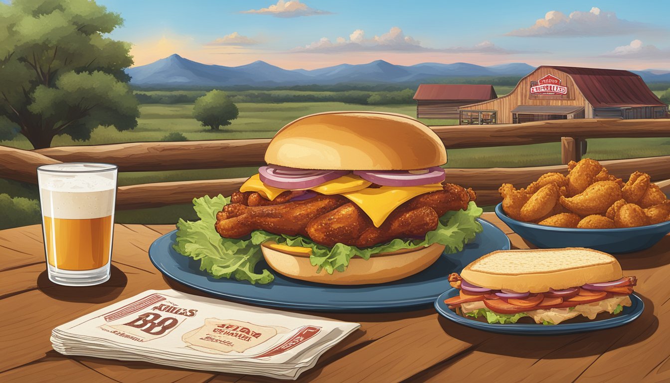 A rustic wooden table with a Lone Star BBQ sandwich, alongside other Texas-inspired chicken menu items, set against a backdrop of Texas scenery