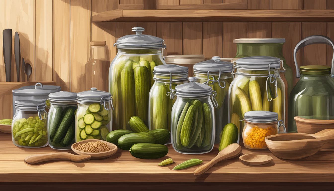 A kitchen scene with jars of fresh pickles, spices, and various cooking utensils on a wooden countertop