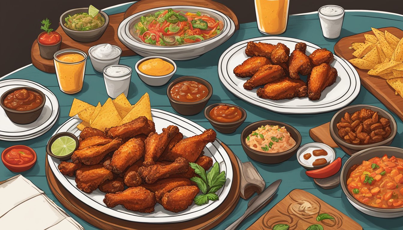 A plate of spicy Tex-Mex wings surrounded by Texas-inspired menu items