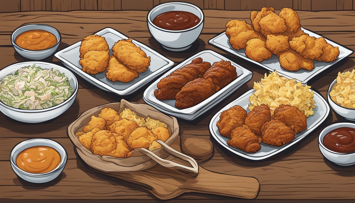 A spread of Texas-inspired dishes, including spicy fried chicken, buttery biscuits, tangy BBQ sauce, and creamy coleslaw, arranged on a rustic wooden table