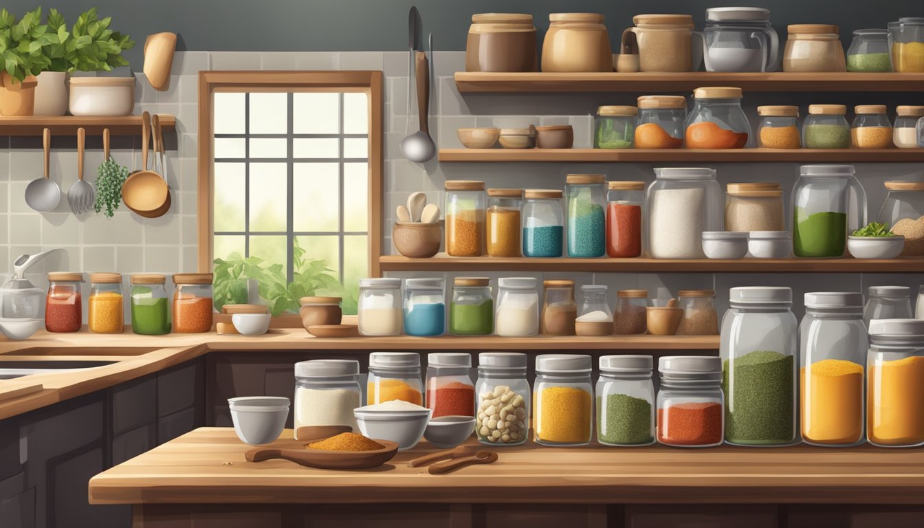 A kitchen scene with shelves stocked with traditional ingredients like flour, spices, and condiments, along with pots, pans, and cooking utensils