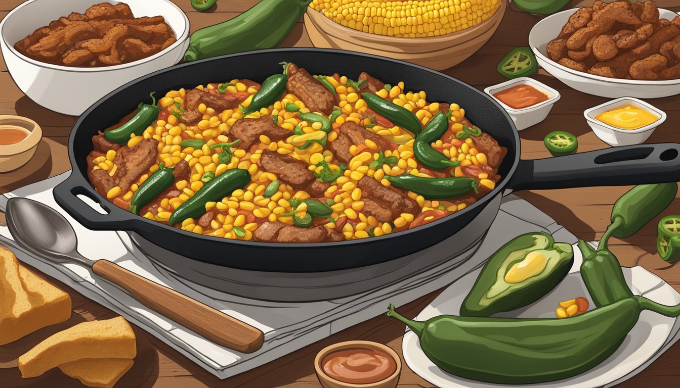 A sizzling skillet of Texas-inspired dishes, surrounded by local ingredients like jalapenos, corn, and barbecue sauce, evoking the flavors of the Lone Star State