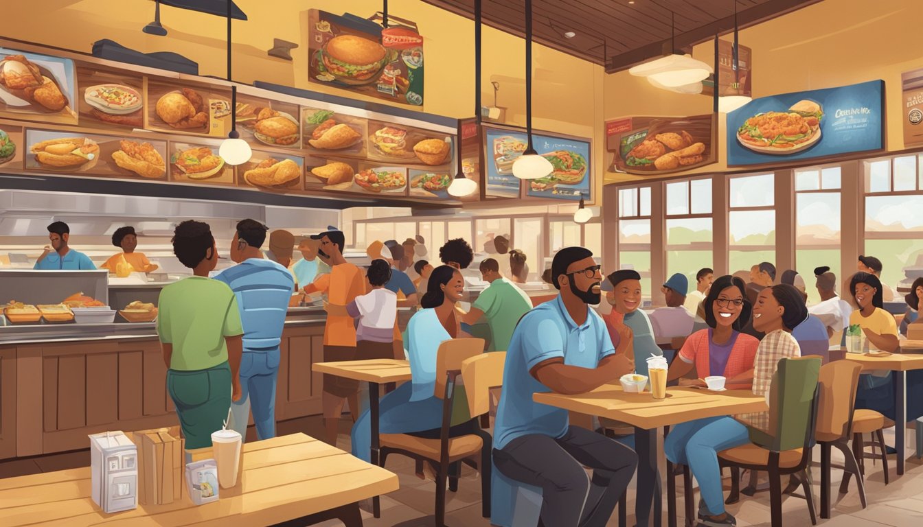 A bustling Texas Chicken restaurant with customers enjoying surprising menu items