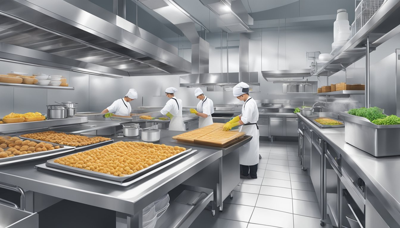 A kitchen with a clean and organized layout, with staff wearing gloves and hairnets while handling food. Temperature logs and cleaning schedules are prominently displayed