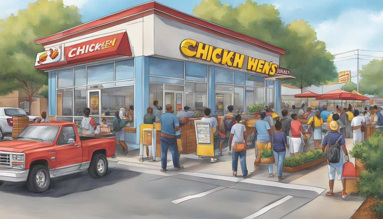 A bustling Church's Chicken location on Westheimer Rd in Houston, with a line of customers at the drive-thru and a busy dining area