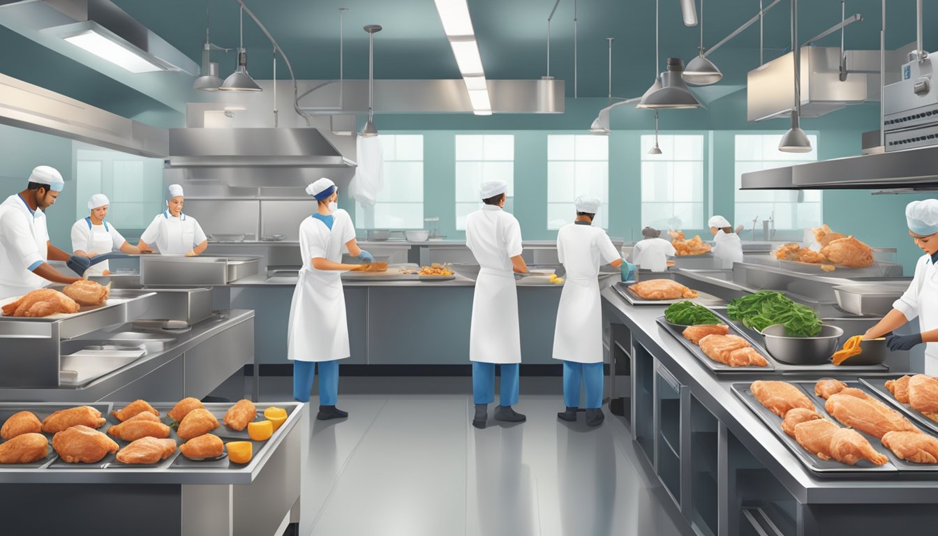 A bustling kitchen with employees wearing hairnets and gloves, using separate cutting boards for raw and cooked chicken, and following strict sanitation protocols