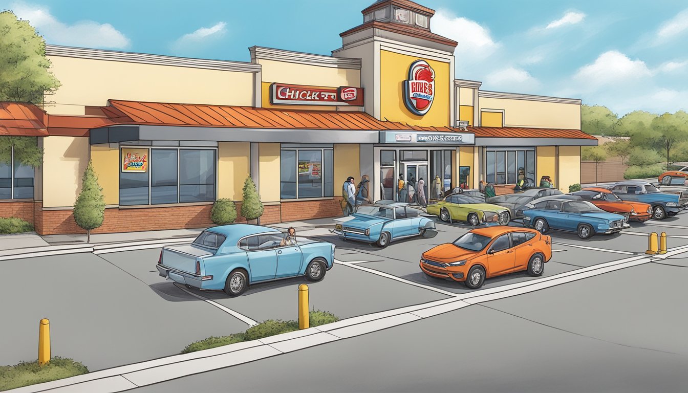 A bustling Church's Chicken location in Dallas, Texas, with a line of customers out the door and cars in the drive-thru